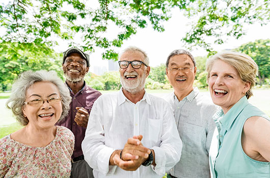 A group of seniors laughing under a tree